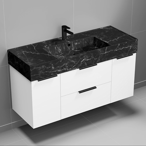 Nameeks DERIN977 48 Inch Black Marble Style Sink Floating Single Bathroom Vanity, Counter Space, 2 Doors, 2 Drawers, Glossy White